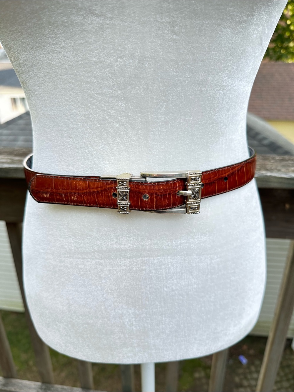 Brighton Reversible Leather Belt 28 S Black Brown Croc Embossed Silver